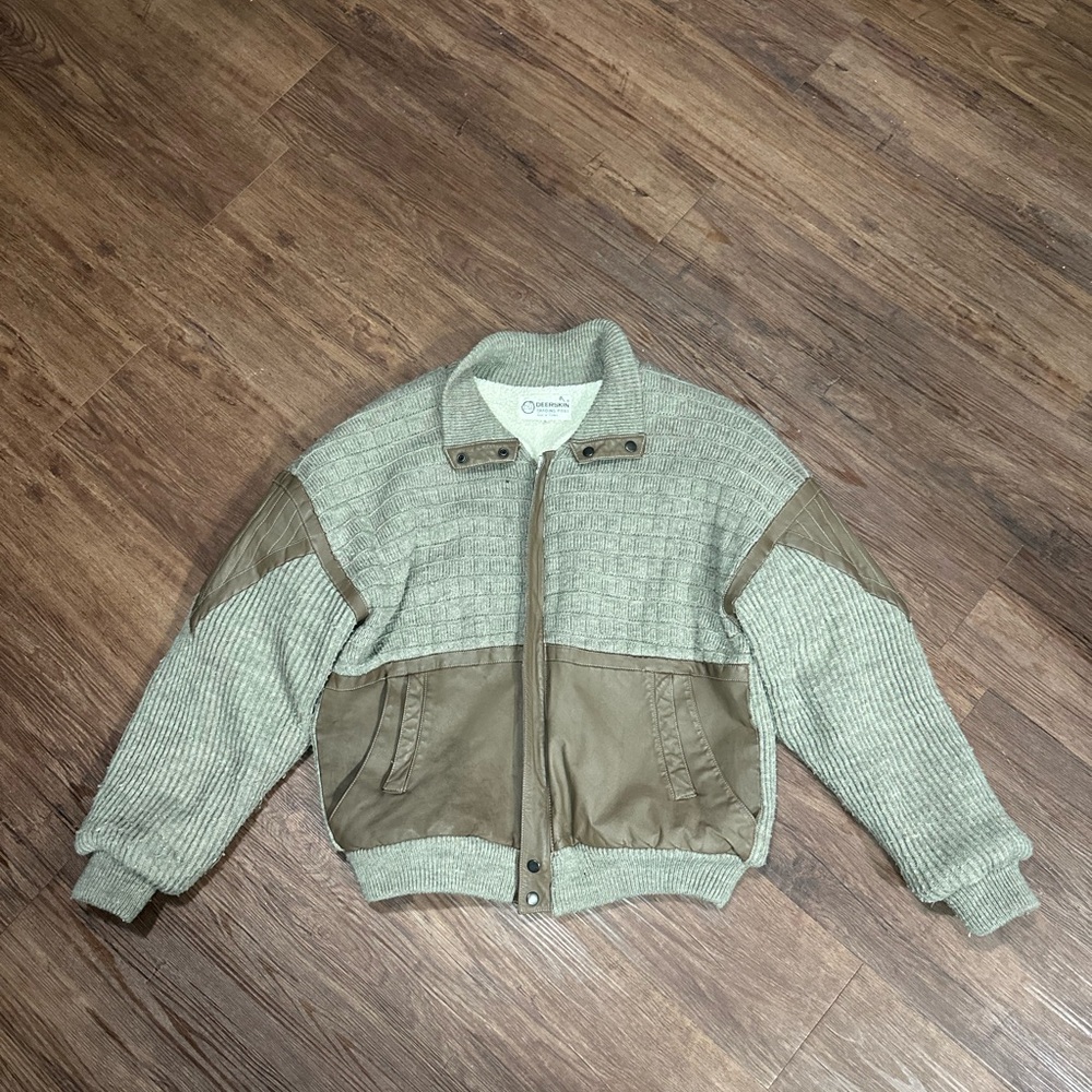 Deerskin Trading Post Mens Zip Up Leather Knit Bomber Jacket Size L 90’s